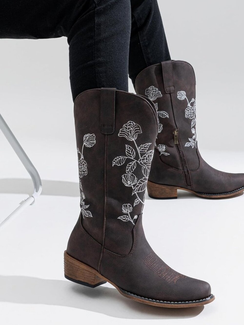 Women's Grey Cowboy Mid Calf Boots with Embroidery Flower Low Heel Western - Picture 6 of 6